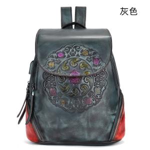 真皮民族風後背包 復古女士擦色雙肩包 新款花紋背包 頭層牛皮大容量旅行包學生書包推薦