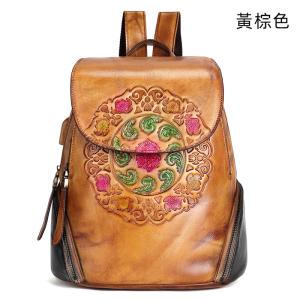 真皮民族風後背包 復古女士擦色雙肩包 新款花紋背包 頭層牛皮大容量旅行包學生書包推薦