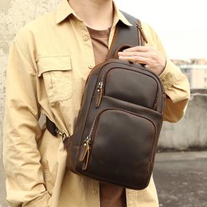 新款瘋馬皮復古簡約男士胸包 頭層牛皮多功能通勤便攜單肩包 真皮斜挎包胸前包ipad包包推薦