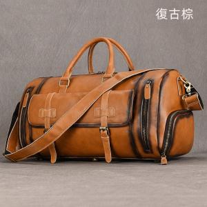 帶鞋位復古擦色植鞣皮旅行包 歐美男士真皮手提包 樹膏皮單肩斜跨包 頭層牛皮行李包推薦