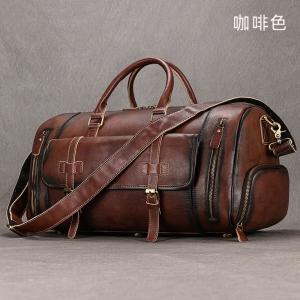 帶鞋位復古擦色植鞣皮旅行包 歐美男士真皮手提包 樹膏皮單肩斜跨包 頭層牛皮行李包推薦