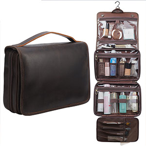 頭層牛皮洗漱包 真皮旅行出差洗漱用品收納袋 瘋馬皮化妝包 四折可懸掛護膚品包包推薦