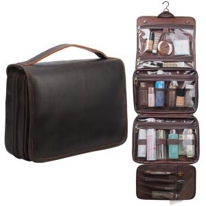 頭層牛皮洗漱包 真皮旅行出差洗漱用品收納袋 瘋馬皮化妝包 四折可懸掛護膚品包包推薦