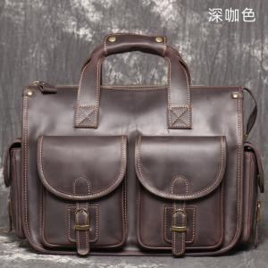 歐美復古新款男真皮手提包公事包 瘋馬皮單肩斜挎公文包 大容量頭層牛皮14吋電腦包斜背包推薦