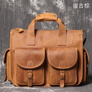 歐美復古新款男真皮手提包公事包 瘋馬皮單肩斜挎公文包 大容量頭層牛皮14吋電腦包斜背包推薦