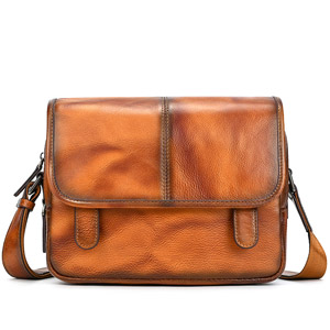 新款頭層樹膏皮單肩包 男士女士植鞣革牛皮斜跨包 復古擦色真皮休閒包斜背包郵差包推薦