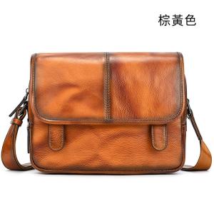 新款頭層樹膏皮單肩包 男士女士植鞣革牛皮斜跨包 復古擦色真皮休閒包斜背包郵差包推薦