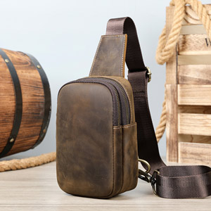 復古瘋馬皮男士單肩背包 頭層牛皮胸包 戶外胸前斜挎包 新款時尚旅行真皮斜背包推薦