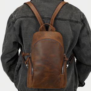 一包兩用 男士後背包 瘋馬皮胸包 新款真皮雙肩包 頭層牛皮肩背包休閑背包胸前包推薦