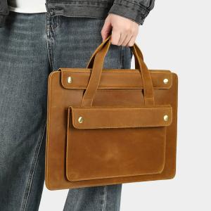 新款瘋馬皮復古公文包 商務通勤14吋多隔層便攜式電腦包 真皮通勤包薄款公事包手提包推薦