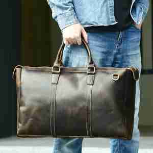 復古瘋馬皮單肩手提旅行包 高質感短途旅行袋 17吋筆電包旅行手袋 男士公事包推薦