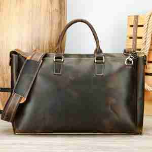 復古瘋馬皮單肩手提旅行包 高質感短途旅行袋 17吋筆電包旅行手袋 男士公事包推薦