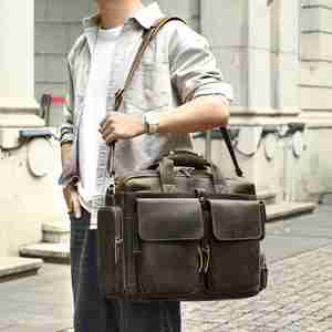 男士新款瘋馬皮公文包手提包 頭層牛皮斜挎包 16吋電腦包公事包 真皮大容量旅行包推薦