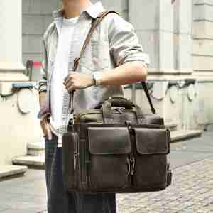男士新款瘋馬皮公文包手提包 頭層牛皮斜挎包 16吋電腦包公事包 真皮大容量旅行包推薦