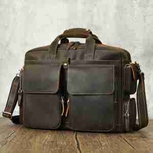 男士新款瘋馬皮公文包手提包 頭層牛皮斜挎包 16吋電腦包公事包 真皮大容量旅行包推薦