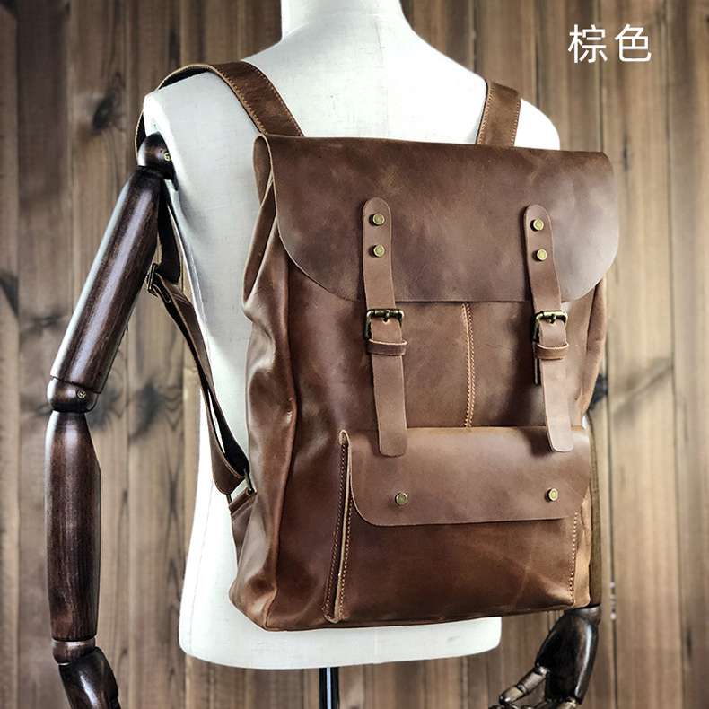 男士歐美潮流包頭層牛皮郵差包  瘋馬皮休閒包電腦包 復古雙肩背包後背包旅行包  真皮包包