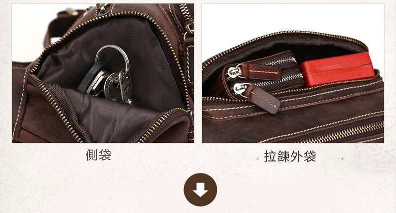 復古真皮包包頭層牛皮瘋馬皮胸包 復古真皮腰包 多口袋多層次設計 大容量