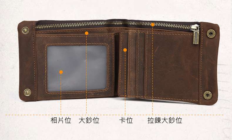 瘋馬皮皮夾 新款復古瘋馬皮兩折拉鏈搭扣小錢包