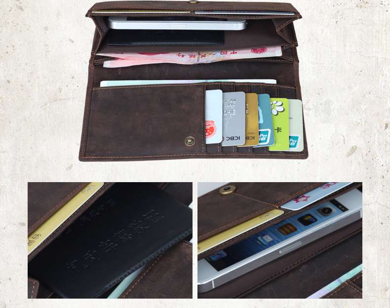 長款復古瘋馬皮多卡位錢夾