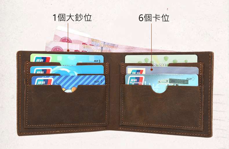 長款復古瘋馬皮多卡位錢夾