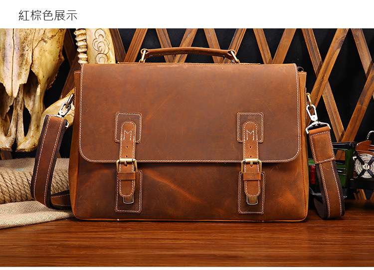 復古瘋馬皮郵差包 商務真皮手提包包 商旅男士公事包 頭層牛皮公文包 肩背斜背男包