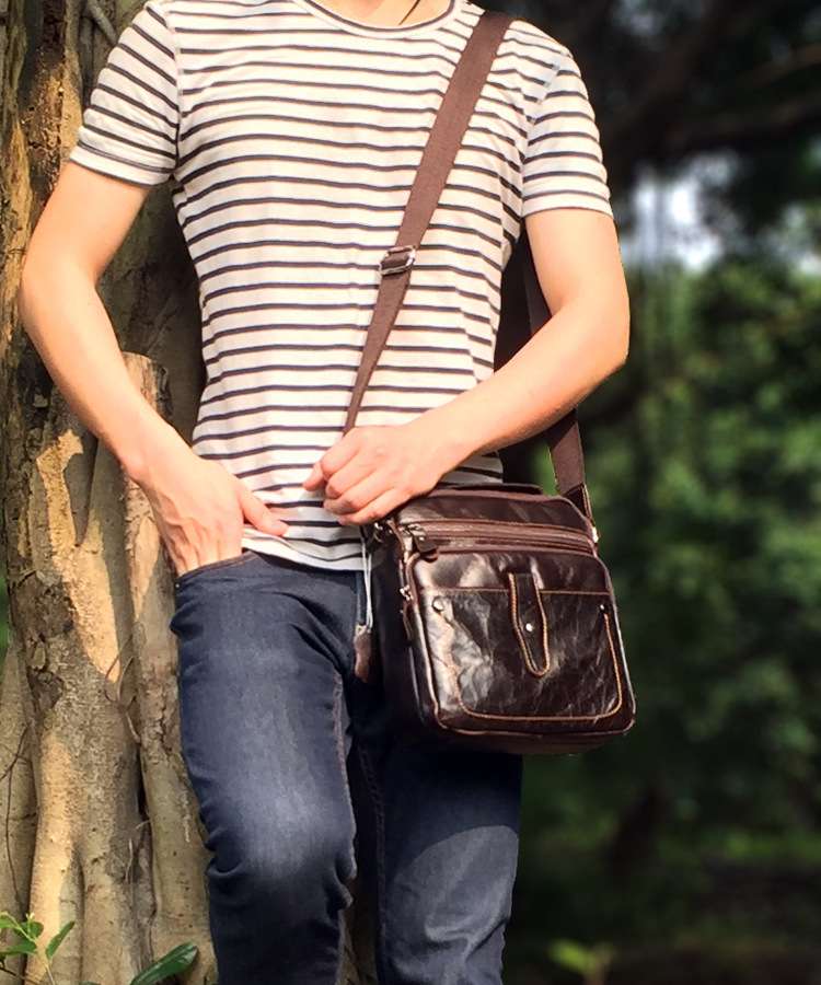 男士真皮肩背包 復古頭層牛皮休閑包 真皮斜背包 商務豎款男式斜挎包真皮包包 