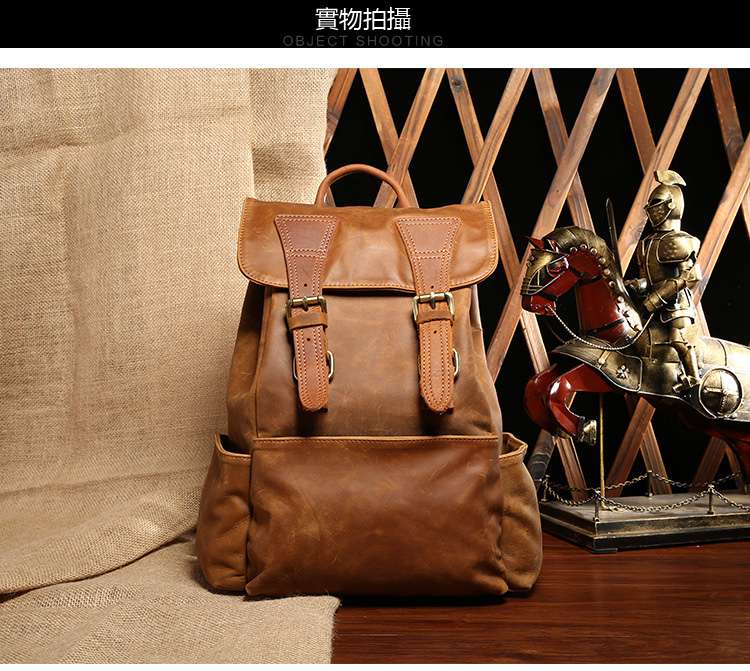 歐美潮流瘋馬皮女士真皮後背包 時尚頭層牛皮雙肩包復古真皮書包  瘋牛皮雙肩背包 外貿品質 真皮包包 