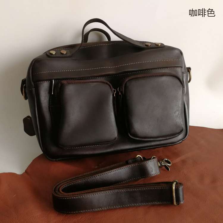 橫款復古瘋馬皮男士手提包 頭層牛皮真皮男包 油蠟皮肩背包斜挎包 真皮公事包旅行包