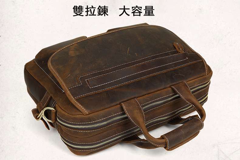 復古瘋馬皮雙拉鏈大容量男士手提包 頭層牛皮公事包公文包 休閑男包 瘋牛皮筆電包電腦包 真皮男包 真皮包包