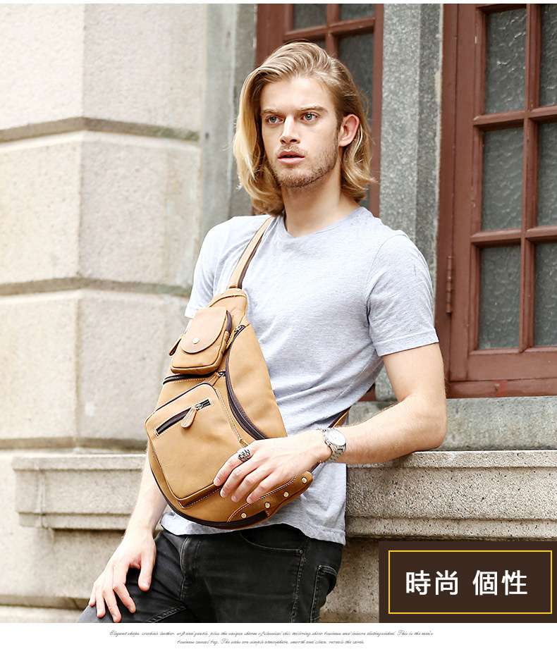 復古瘋馬皮手工胸包 大容量男士斜挎包 瘋牛皮胸包 真皮單肩包 水餃型胸包 真皮包包