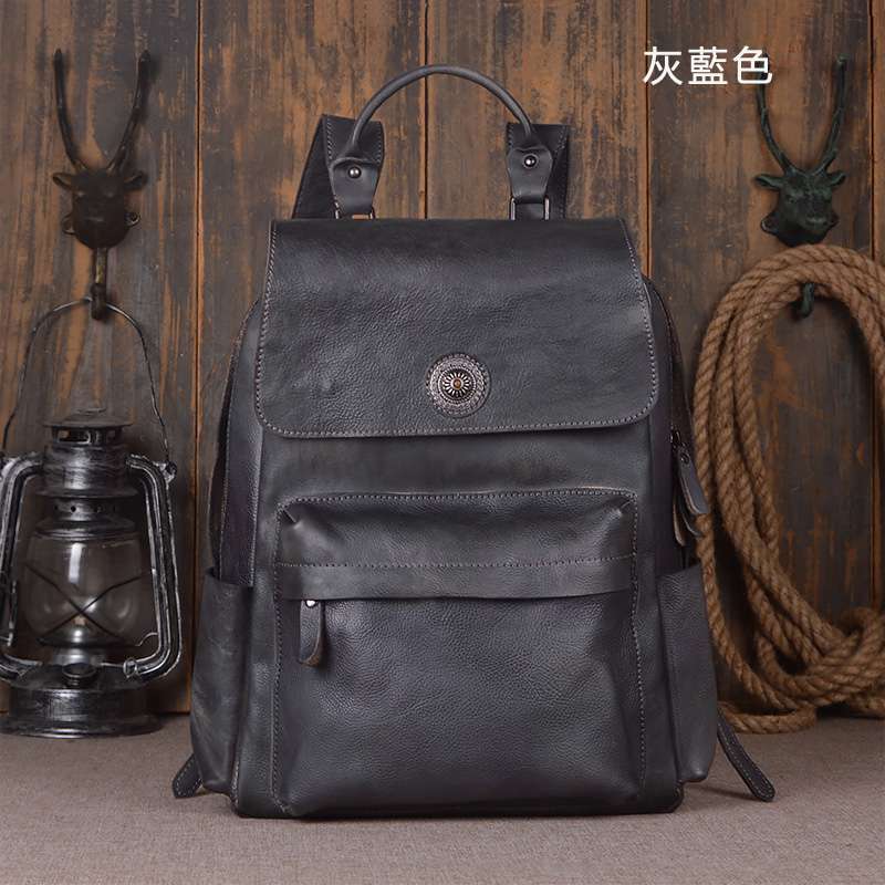 歐美時尚復古手工擦色後背包 真皮雙肩包 男士植鞣皮旅行包 頭層牛皮旅行大容量背包 真皮男包 真皮包包