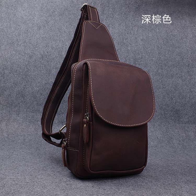 新款男士戶外瘋馬皮胸包 復古手工真皮斜跨包 頭層牛皮潮流胸包 男用真皮胸包 真皮男包 真皮包包
