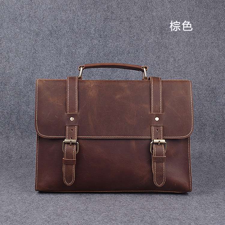 歐美復古瘋馬皮手提包 商務頭層牛皮公事包 真皮肩背包斜挎包 橫款郵差包公文包 真皮男包 真皮包包