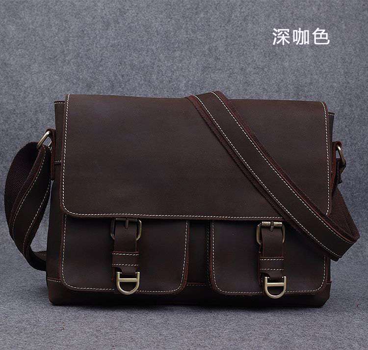 瘋馬皮郵差包 頭層牛皮斜挎包 復古手工真皮肩背包 真皮側背斜背包 瘋牛皮男包 真皮男包 真皮包包