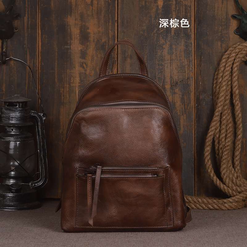 復古頭層植鞣牛皮後背包 女士真皮雙肩包 手工檫色包包 學院風學生書包 時尚真皮背包 真皮包包