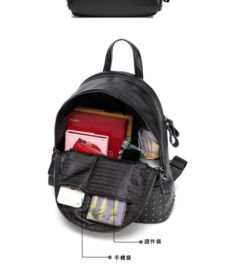 流行鉚釘後背包 韓版頭層牛皮後背包 女用雙肩包 簡約休閑女包包 學院風學生書包 真皮包包
