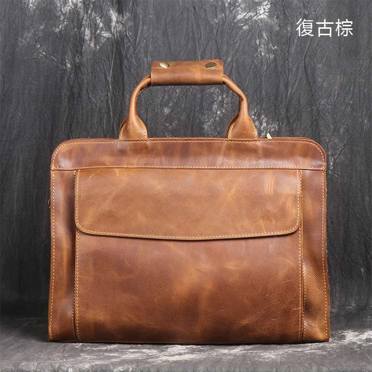 復古時尚新款手提包 頭層牛皮電腦包 瘋馬皮公事包 單肩斜跨包 手工真皮公文包 真皮男包 真皮包包
