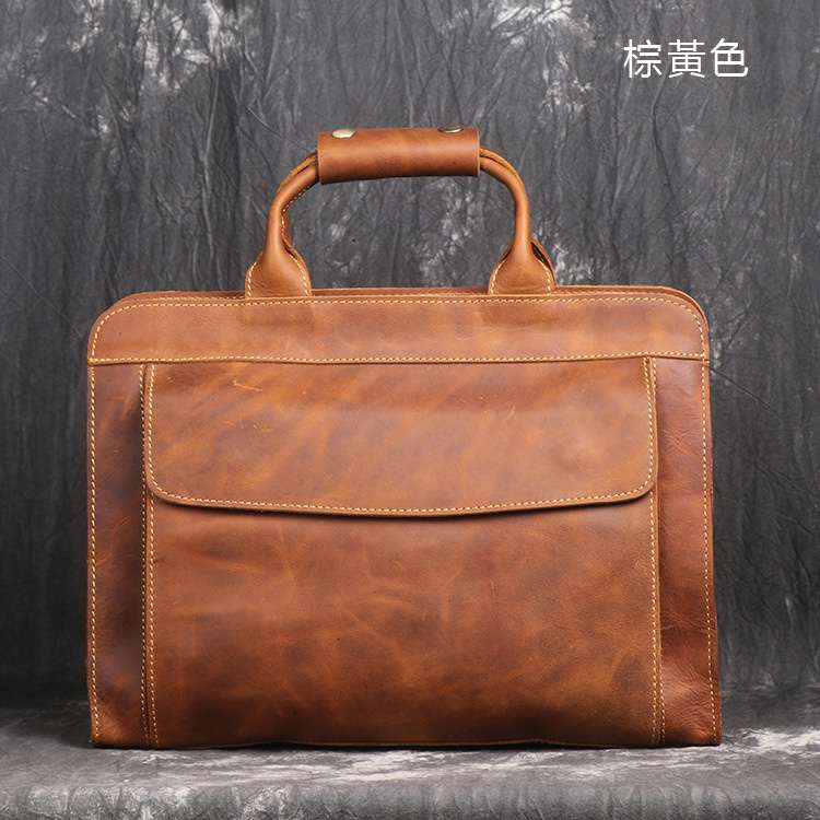 復古時尚新款手提包 頭層牛皮電腦包 瘋馬皮公事包 單肩斜跨包 手工真皮公文包 真皮男包 真皮包包