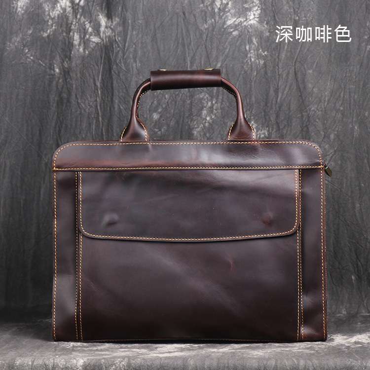 復古時尚新款手提包 頭層牛皮電腦包 瘋馬皮公事包 單肩斜跨包 手工真皮公文包 真皮男包 真皮包包