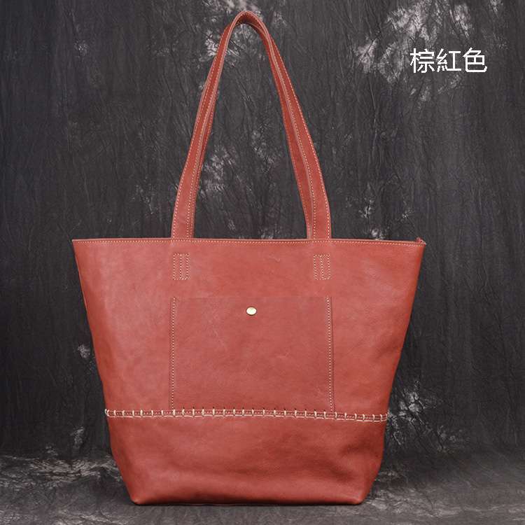 橫款女用真皮托特包 頭層牛皮女士手提包 休閑時尚手工編織子母包 簡約購物袋 真皮女包 真皮包包