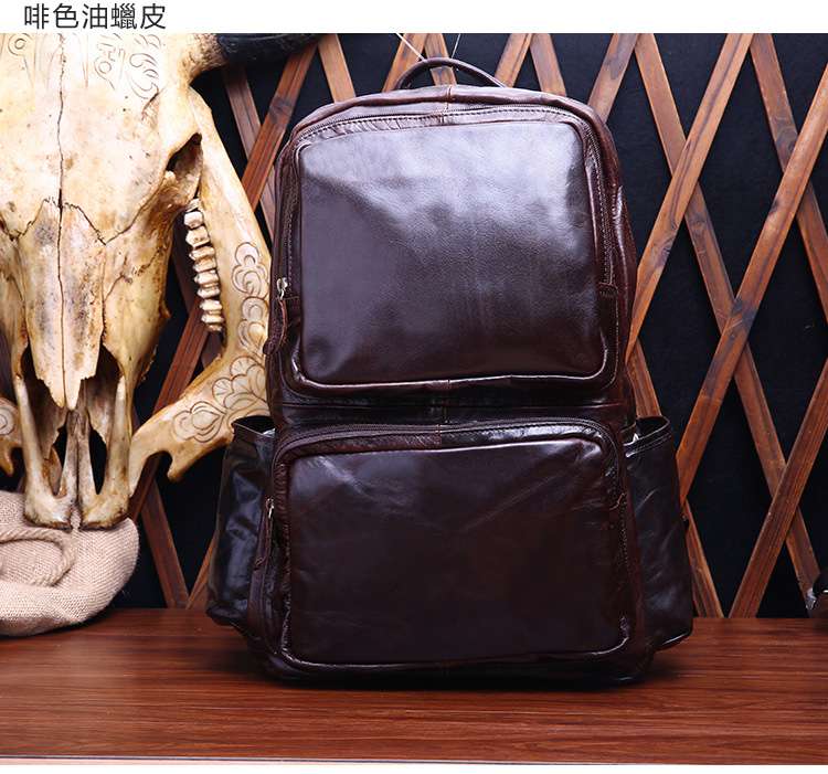 油蠟牛皮後背包 歐美休閒旅行書包 真皮電腦包 頭層牛皮筆電包 大容量男士背包 戶外旅行雙肩包 真皮包包