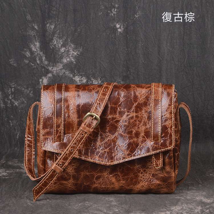 韓版個性女用斜背包 頭層牛皮側背包 瘋馬皮單肩包 時尚簡約斜挎包 手工女士包包 真皮包包