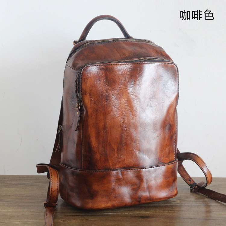 新款復古手工擦色包 大容量後背包 牛皮旅行包 新款真皮雙肩背包 男女通用款雙肩包 真皮包包
