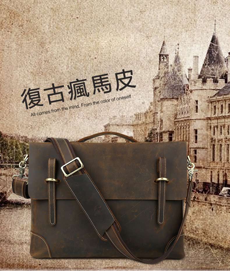 歐美復古瘋馬皮公事包 頭層牛皮手提包 真皮商務包 男士郵差包 瘋牛皮肩背側背斜跨包  真皮包包