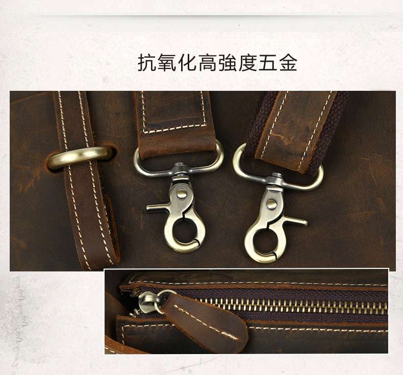 歐美復古瘋馬皮公事包 頭層牛皮手提包 真皮商務包 男士郵差包 瘋牛皮肩背側背斜跨包  真皮包包