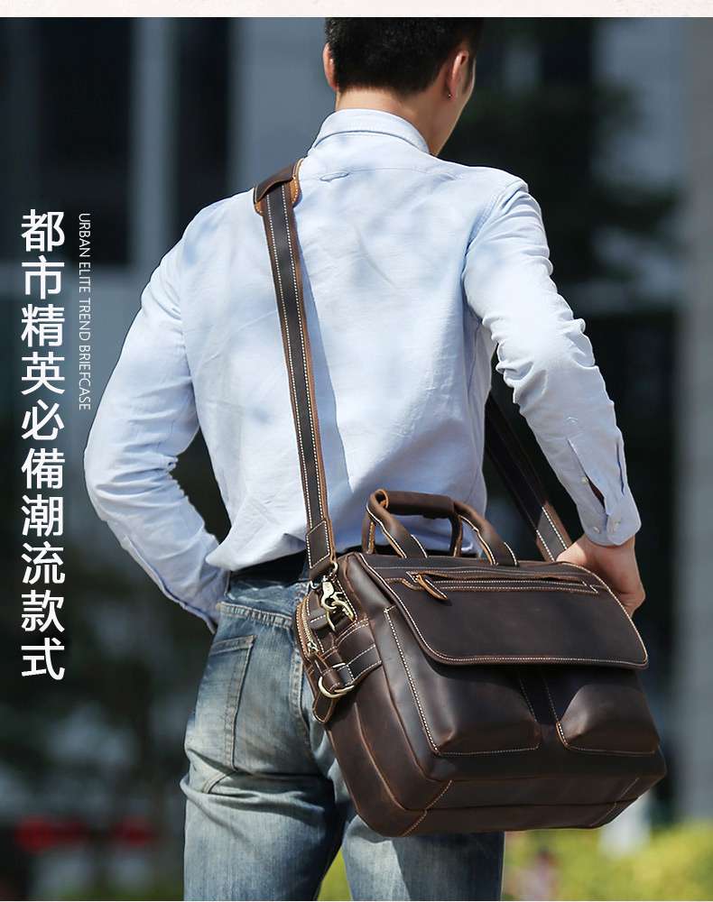 復古瘋馬皮手提包 雙拉鏈大容量男士商務包 頭層牛皮公事包 真皮男包 瘋牛皮筆電包 斜背包電腦包 真皮包包