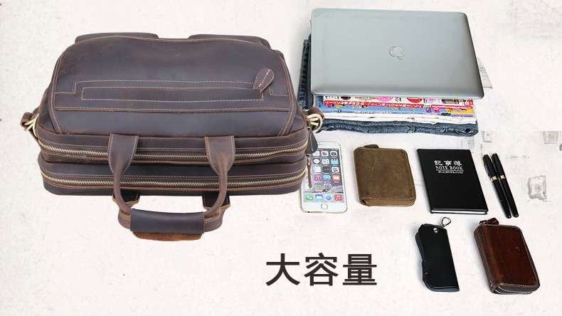 復古瘋馬皮手提包 雙拉鏈大容量男士商務包 頭層牛皮公事包 真皮男包 瘋牛皮筆電包 斜背包電腦包 真皮包包