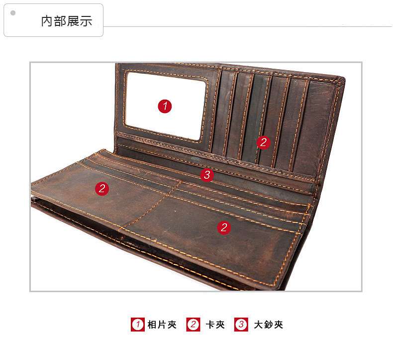 新款瘋馬皮錢包 男士手工真皮錢包 真皮長款皮夾 做舊復古頭層牛皮男式錢夾 真皮男包  真皮包包