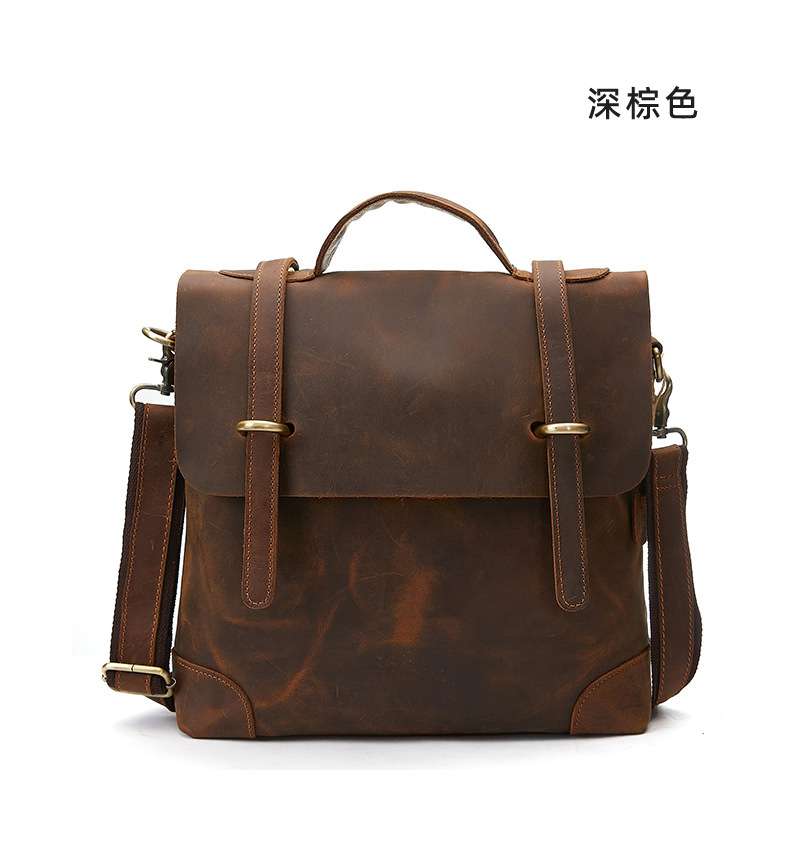 復古瘋馬皮手提包 豎款商務公事包 中性款男女通用款單肩背包 真皮斜挎包 真皮公文包 真皮包包