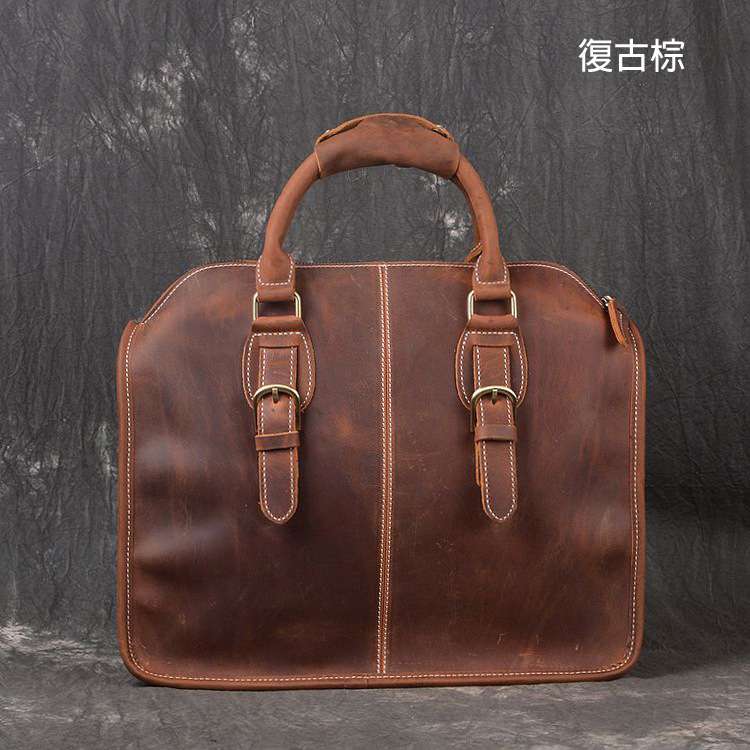 新款復古潮流時尚公事包 瘋馬皮商務包 頭層牛皮手工包 瘋牛皮單肩斜跨手提包 職場真皮男包 真皮包包